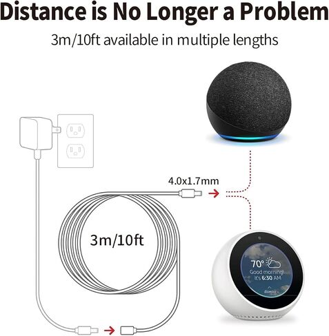Tonton 15W 10Ft Echo Dot Show Extension Cord Replacement 12V 1.25A for Alexa Echo Dot (3rd 4th Gen), Echo Dot with Clock, Echo Dot Kids Edition, Echo Show 5, Echo Spot, Fire TV Cube(Black, 20AWG) in Saudi Arabia