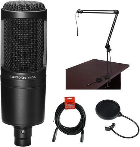 ميكروفون مكثف قلبي الشكل AT2020 من Audio-Technica مع ذراع بث ثنائي القسم BAI-2X وفلتر بوب وكابل XLR in Saudi Arabia