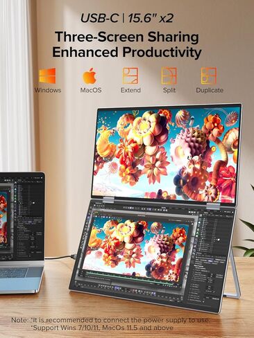 شاشة UPERFECT Delta المحمولة لموسع شاشة الكمبيوتر المحمول مقاس 15.6 بوصة FHD 1080P شاشة مزدوجة مع حامل وشاشة سفر قابلة للطي بزاوية 360 درجة وشاشة ثلاثية مكدسة لأجهزة الكمبيوتر المحمول in Kuwait