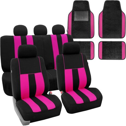 FH Group FB036115 + F14501 Striking Striped Seat Covers (Pink) Full Set w. Carpet Floor Mats – Universal Fit for Cars Trucks & SUVs in Saudi Arabia