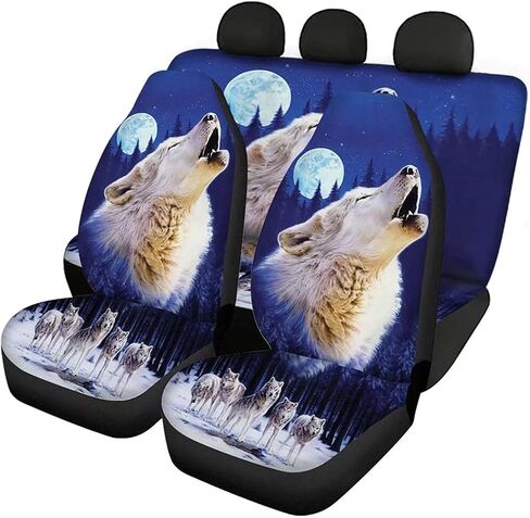 أغطية مقاعد السيارة القابلة للتنفس من Moon Night Wolf Howl مطبوعة للأمام والخلف، مجموعة من 4 قطع، أغطية مقاعد دلو السيارة، متينة، عالمية in Kuwait