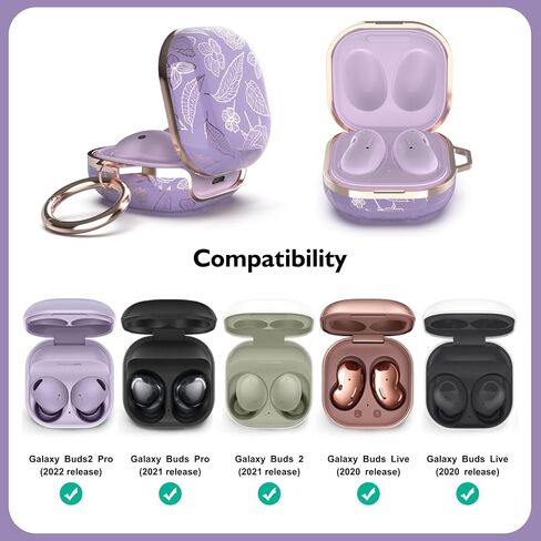 TATOFY Case for Galaxy Buds FE, Galaxy Buds 2 Pro, Galaxy Buds 2, Galaxy Buds Pro, Galaxy Buds Live, Golden Leaf Golden Flower Hard Case with Carabiner, Support Wireless Charging (Black & Golden) in Saudi Arabia
