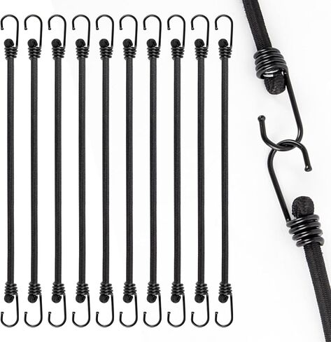 12 Inch Small Bungee Cord with Hooks-Black Bungee Cords Heavy Duty Outdoor Bungee Straps with Hooks for Camping, Tarps, Tents, Hiking,Hunting,Trucks and Boats (10 Pack) in Kuwait