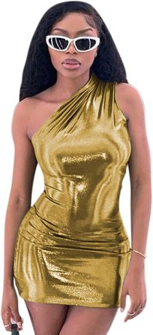 ANKOMINA Women's Sexy Metallic One Shoulder Mini Dress Shiny Sleeveless Bodycon Dresses for Party Club Cocktail in Saudi Arabia