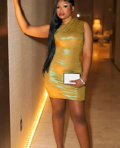 ANKOMINA Women's Sexy Metallic One Shoulder Mini Dress Shiny Sleeveless Bodycon Dresses for Party Club Cocktail in Saudi Arabia