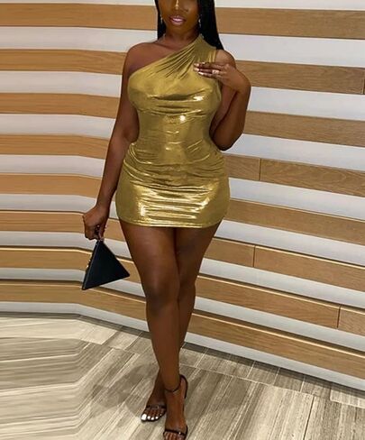 ANKOMINA Women's Sexy Metallic One Shoulder Mini Dress Shiny Sleeveless Bodycon Dresses for Party Club Cocktail in Saudi Arabia