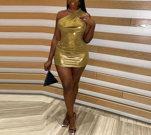ANKOMINA Women's Sexy Metallic One Shoulder Mini Dress Shiny Sleeveless Bodycon Dresses for Party Club Cocktail in Saudi Arabia