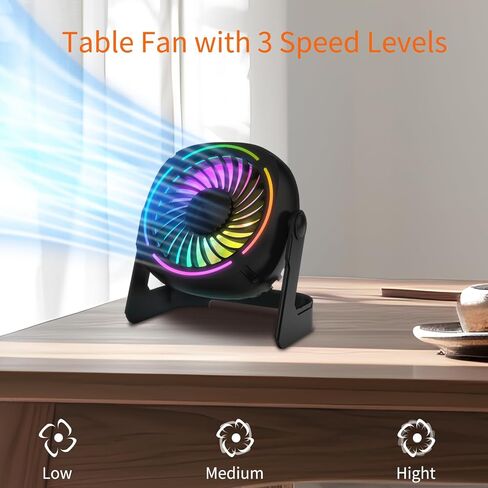 مروحة مكتب USB صغيرة RGB مع 8 أوضاع إضاءة، مروحة طاولة مع 3 سرعات، دوران 360 درجة، تشغيل هادئ، مروحة مكتب محمولة للمنزل المكتبي وغرفة النوم والسفر in Saudi Arabia