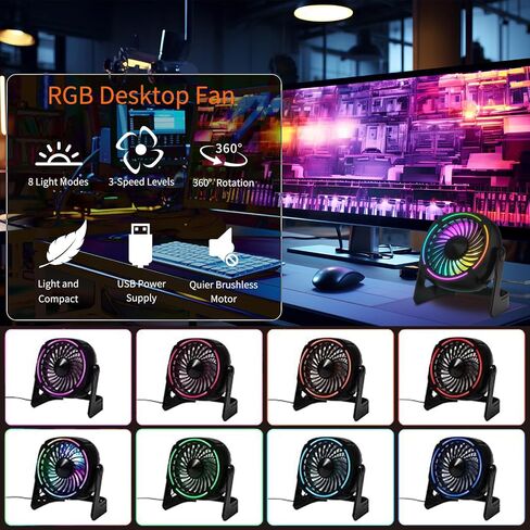 مروحة مكتب USB صغيرة RGB مع 8 أوضاع إضاءة، مروحة طاولة مع 3 سرعات، دوران 360 درجة، تشغيل هادئ، مروحة مكتب محمولة للمنزل المكتبي وغرفة النوم والسفر in Saudi Arabia