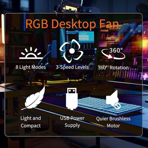 مروحة مكتب USB صغيرة RGB مع 8 أوضاع إضاءة، مروحة طاولة مع 3 سرعات، دوران 360 درجة، تشغيل هادئ، مروحة مكتب محمولة للمنزل المكتبي وغرفة النوم والسفر in Saudi Arabia