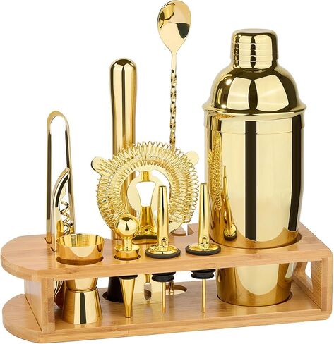 Cocktail Shaker Set Bartender Kit : 12-Piece Bar Tool Set with Bamboo Stand | Bar Set with All Practical Bar Accessories, for Drink Mixing, Bar, Home, Lounge & Party (Gold) in Saudi Arabia