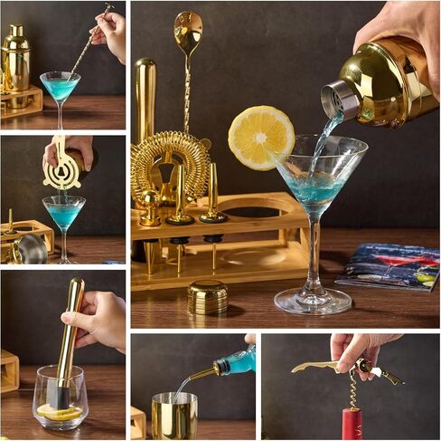 Cocktail Shaker Set Bartender Kit : 12-Piece Bar Tool Set with Bamboo Stand | Bar Set with All Practical Bar Accessories, for Drink Mixing, Bar, Home, Lounge & Party (Gold) in Saudi Arabia