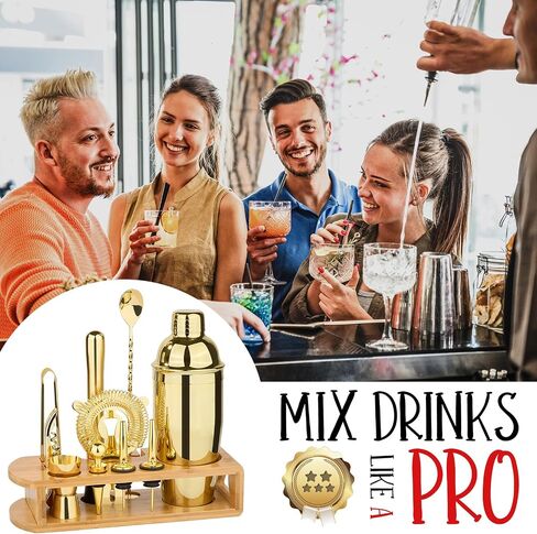 Cocktail Shaker Set Bartender Kit : 12-Piece Bar Tool Set with Bamboo Stand | Bar Set with All Practical Bar Accessories, for Drink Mixing, Bar, Home, Lounge & Party (Gold) in Saudi Arabia