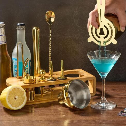 Cocktail Shaker Set Bartender Kit : 12-Piece Bar Tool Set with Bamboo Stand | Bar Set with All Practical Bar Accessories, for Drink Mixing, Bar, Home, Lounge & Party (Gold) in Saudi Arabia