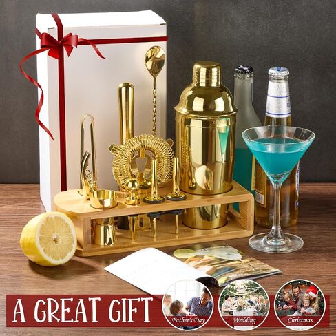 Cocktail Shaker Set Bartender Kit : 12-Piece Bar Tool Set with Bamboo Stand | Bar Set with All Practical Bar Accessories, for Drink Mixing, Bar, Home, Lounge & Party (Gold) in Saudi Arabia