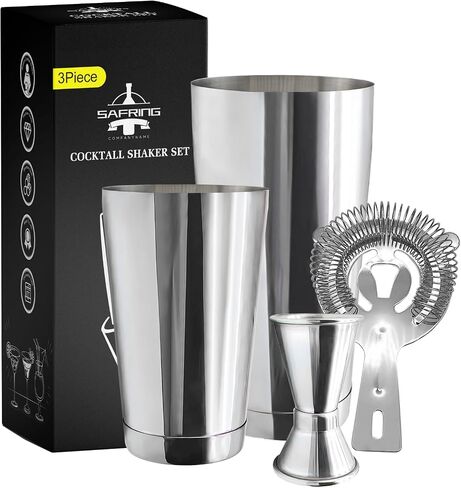 Boston Cocktail Shaker Bar Set, Weighted Boston Shaker Tins, Bartender Kit with 18oz & 28oz Mixed Drink Shaker, Hawthorne Strainer, Double Measuring Jigger - Black in Saudi Arabia