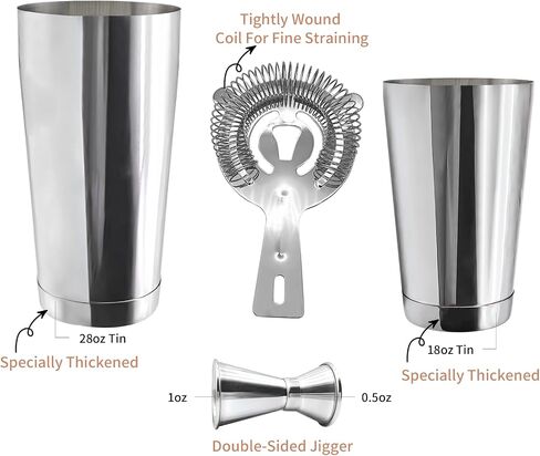Boston Cocktail Shaker Bar Set, Weighted Boston Shaker Tins, Bartender Kit with 18oz & 28oz Mixed Drink Shaker, Hawthorne Strainer, Double Measuring Jigger - Black in Saudi Arabia