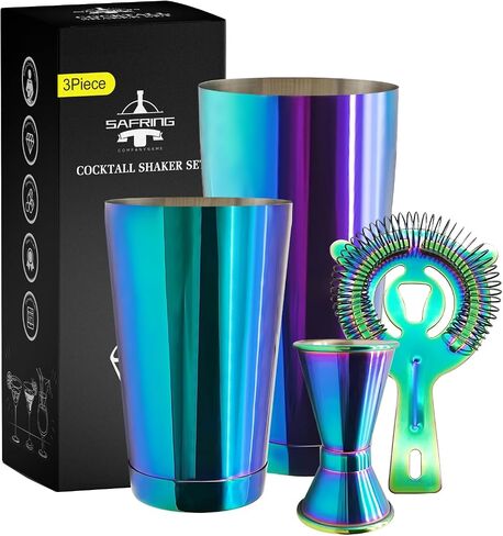Boston Cocktail Shaker Bar Set, Weighted Boston Shaker Tins, Bartender Kit with 18oz & 28oz Mixed Drink Shaker, Hawthorne Strainer, Double Measuring Jigger - Black in Saudi Arabia