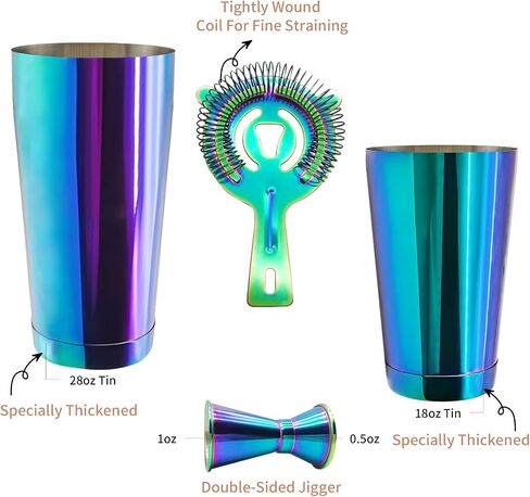 Boston Cocktail Shaker Bar Set, Weighted Boston Shaker Tins, Bartender Kit with 18oz & 28oz Mixed Drink Shaker, Hawthorne Strainer, Double Measuring Jigger - Black in Saudi Arabia