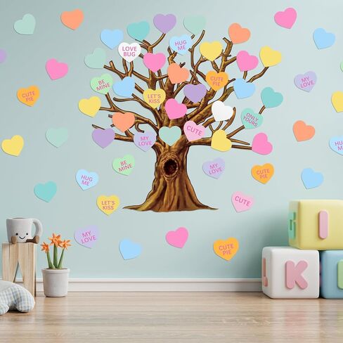 Gersoniel 90 Pieces Valentine‘s Day Classroom Tree Bulletin Board Decorations Conversation Heart Leaves Cutouts Stickers for Classroom Home Wall Decor(Conversation Heart Style) in Kuwait
