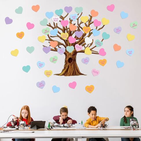 Gersoniel 90 Pieces Valentine‘s Day Classroom Tree Bulletin Board Decorations Conversation Heart Leaves Cutouts Stickers for Classroom Home Wall Decor(Conversation Heart Style) in Kuwait