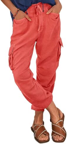 Flamingals Women's Solid Flap Pocket Drawstring Cropped Joggers High Waist Casual Pants in Saudi Arabia