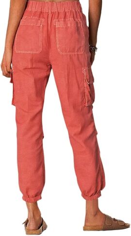 Flamingals Women's Solid Flap Pocket Drawstring Cropped Joggers High Waist Casual Pants in Saudi Arabia