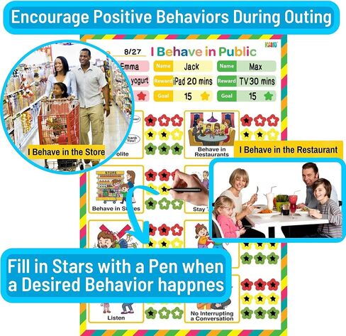 مخطط السلوك المحمول للأطفال، مخطط السلوك العام للاستخدام أثناء التنقل، مخطط المكافآت للخروج من المنزل (حزمة من 20 مخططًا للسلوك و180 ملصقًا للسلوك) in Kuwait
