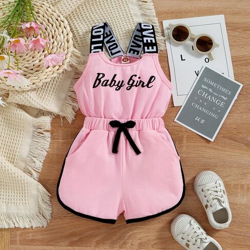 Toddler Baby Girl Clothes Summer Romper Sleeveless Letter Print Short Jumpsuit One-Piece Halter Infant Outfit in Saudi Arabia