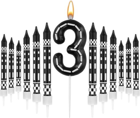 13pcs Racing Cars Themed Birthday Candles, Black and White Checkered Birthday Candles for Cake Numeral Candle Number Cake Topper for Boys Girls Theme Party Decoration (1) in Saudi Arabia
