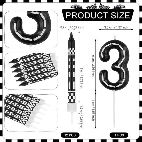 13pcs Racing Cars Themed Birthday Candles, Black and White Checkered Birthday Candles for Cake Numeral Candle Number Cake Topper for Boys Girls Theme Party Decoration (1) in Saudi Arabia