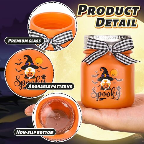 Whaline 3Pcs Halloween Mini Mason Jars Spooky Witch Glass Jars with Plaid Ribbon Black White Orange Colors Small Storage Jars with Lids for Trick or Treat Farmhouse Shelf Table Kitchen Display Decor in Saudi Arabia