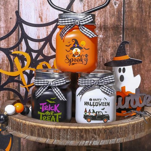 Whaline 3Pcs Halloween Mini Mason Jars Spooky Witch Glass Jars with Plaid Ribbon Black White Orange Colors Small Storage Jars with Lids for Trick or Treat Farmhouse Shelf Table Kitchen Display Decor in Saudi Arabia