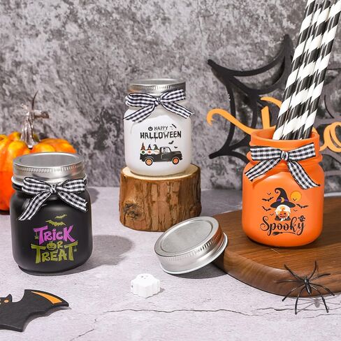 Whaline 3Pcs Halloween Mini Mason Jars Spooky Witch Glass Jars with Plaid Ribbon Black White Orange Colors Small Storage Jars with Lids for Trick or Treat Farmhouse Shelf Table Kitchen Display Decor in Saudi Arabia