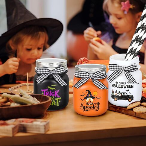 Whaline 3Pcs Halloween Mini Mason Jars Spooky Witch Glass Jars with Plaid Ribbon Black White Orange Colors Small Storage Jars with Lids for Trick or Treat Farmhouse Shelf Table Kitchen Display Decor in Saudi Arabia