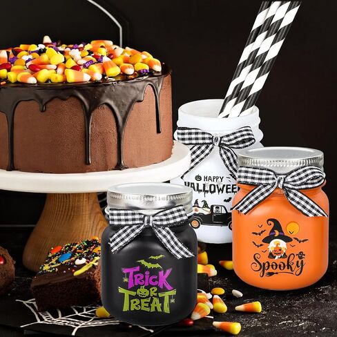 Whaline 3Pcs Halloween Mini Mason Jars Spooky Witch Glass Jars with Plaid Ribbon Black White Orange Colors Small Storage Jars with Lids for Trick or Treat Farmhouse Shelf Table Kitchen Display Decor in Saudi Arabia