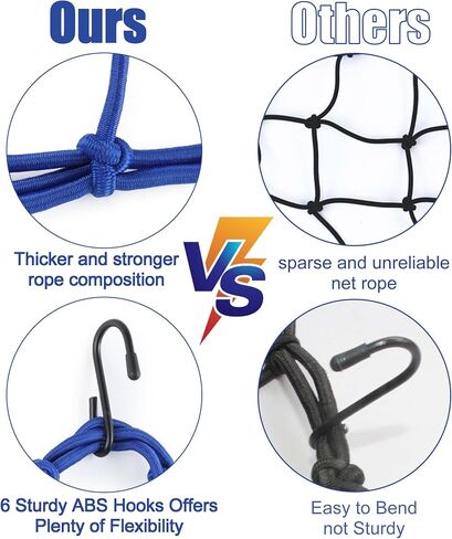 Amiss 2 Pack شبكة شحن مرنة للدراجات النارية مقاس 15 × 15 بوصة، شبكة بنجي شديدة التحمل مع 6 خطافات بلاستيكية قابلة للتعديل، شبكة سميكة للأمتعة مع شبكة صغيرة مقاس 2 × 2 بوصة، مناسبة لسيارات الدفع الرباعي والدراجات النارية والمركبات ATV والدراجة - أزرق in Kuwait