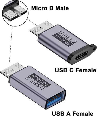 Poyiccot Micro B to USB Adapter kit, USB C Female to Micro B Adapter + USB A Female to Micro B Adaper, 10Gbps USB to Micro B Adapter for USB 3.0 Hard Drive External Portable SSD HDD in Saudi Arabia