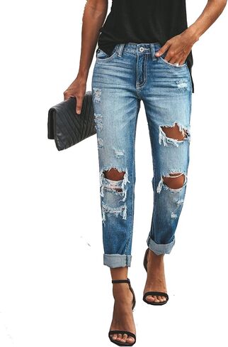 بنطال جينز نسائي متوسط ​​الخصر وممزق وفضفاض من قماش الدنيم الممزق والقابل للتمدد in Kuwait