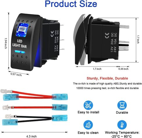 AUKA LED ضوء شريط الروك التبديل للماء 12V / 20A 24V / 10A، 5Pin SPST ON-Off تبديل التبديل الأزرق LED الضوء، مع مجموعة أسلاك العبور لسيارة شاحنة البحرية قارب مقطورة 4x4 قافلة RV SUV ATV UTV in Kuwait