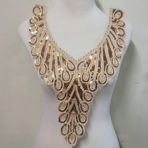 1pc Gold Embroidery Ethnic Style Collar Venise Sequin Floral Embroidered Applique Lace Neckline Collar Garment Accessories (Color w) in Kuwait
