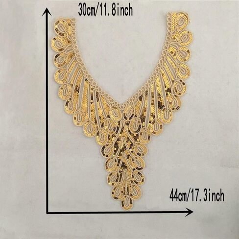 1pc Gold Embroidery Ethnic Style Collar Venise Sequin Floral Embroidered Applique Lace Neckline Collar Garment Accessories (Color w) in Kuwait