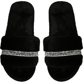 GORGLITTER Women's Rhinestone Fuzzy Sandals Faux Fur Slippers Open Toe House Sandals