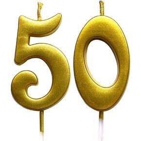 Gold 50th Birthday Numeral Candle, Number 50 Cake Topper Candles Party Decoration for Women or Men