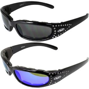 Global Vision Marilyn 3 Women's Ladies Padded Motorcycle Sunglasses Bling Black Studded Frames G-Tech Blue Mirror & Smoke Lenses