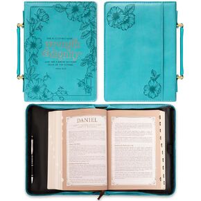 Christian Art Gifts Women's Fashion Bible Cover Strength and Dignity Proverbs 31:25, Teal Faux Leather, Large