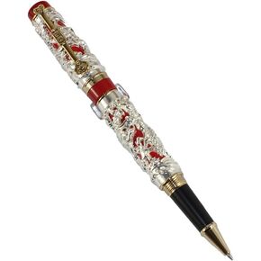 Gullor Noblest Dragon and Phoenix Rollerball Pen with PU leather pen pouch - Antique Silver and red