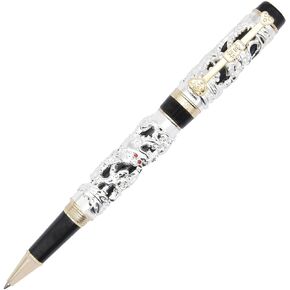 Gullor Noblest Dragon and Phoenix Rollerball Pen with PU leather pen pouch - Antique Silver and red