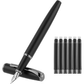 Metal Fountain Pen Set, Fine Iridium Nib Fountain Pen with 6 2.6mm Black Ink Cartridges Matte Fountain Pens Smooth Writing Pen for Calligraphy Journaling Gift Office Business