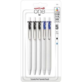 Uni-Ball® One Retractable Gel Pens, Micro Point, 0.5 mm, White Barrel, Black/Blue Ink, Pack Of 5 Pens